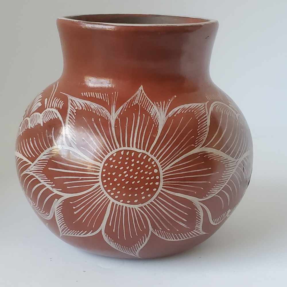 Handpainted Mexican Clay Pottery Vase Vintage Vessel